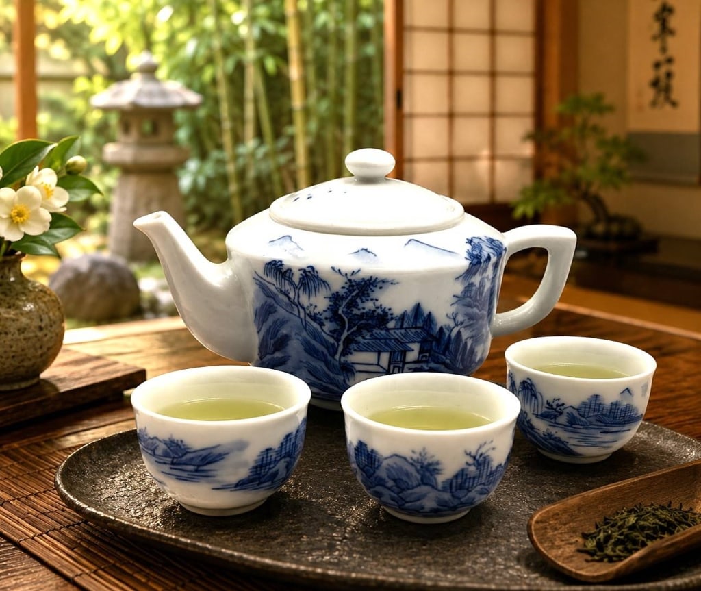 JINGDEZHEN ZHI PORCELAIN TEA SET 10": This elegant Chinese porcelain tea set includes a lidded teapot and three matching teacups, each decorated in classic cobalt blue with hand-painted landscape scenes featuring mountains, trees, pavilio