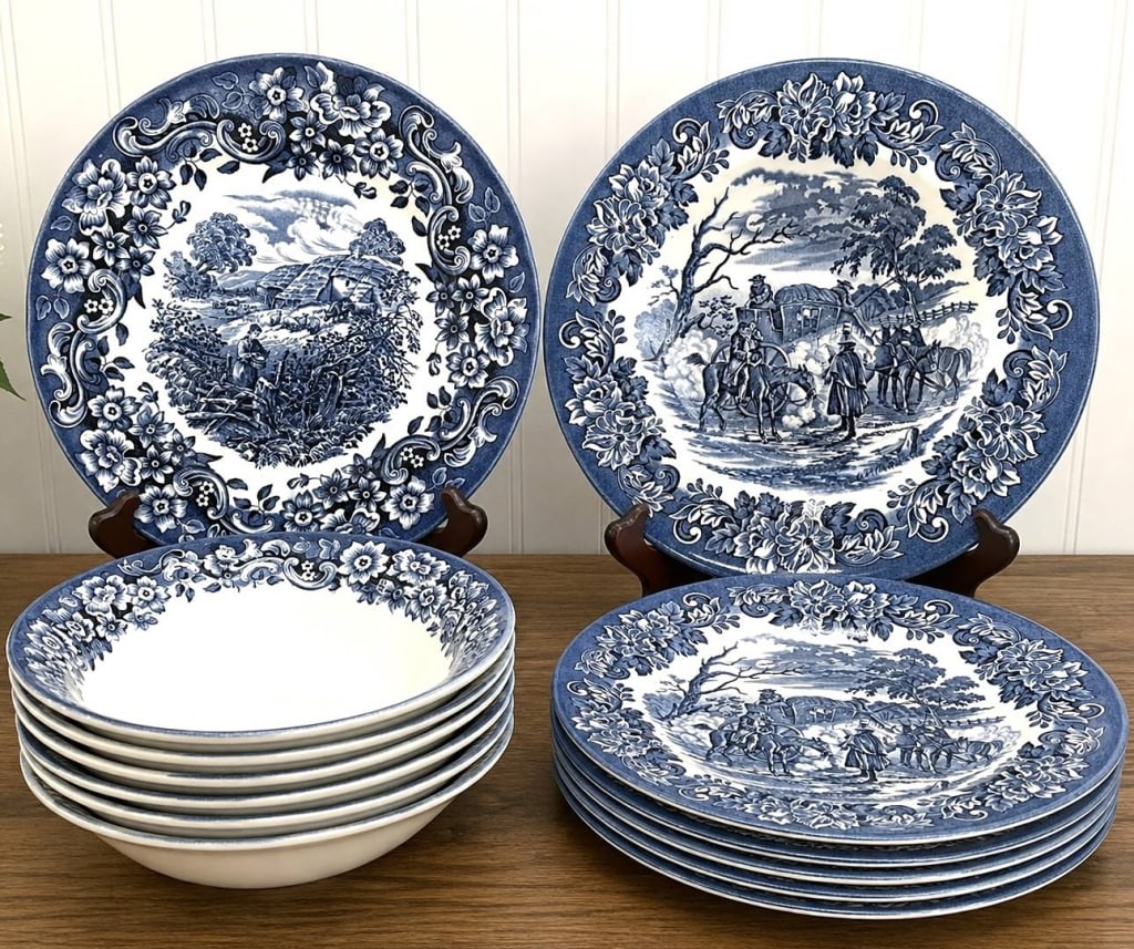 BLUE & WHITE COUNTRY SCENE DINNERWARE LOT OF 16 PC (1 of 6)