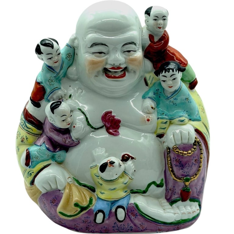 CHINESE FAMILLE ROSE LAUGHING BUDDHA 10": This Chinese Famille Rose porcelain Laughing Buddha figure is beautifully modeled with six playful children climbing over and surrounding the smiling Buddha, symbolizing happiness, abundance, and pros