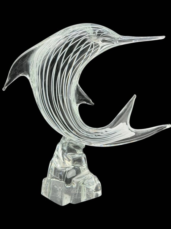 LICIO ZANETTI MURANO ART GLASS DOLPHIN 14": This elegant Licio Zanetti designed Murano art glass dolphin sculpture showcases the renowned Venetian glassmaker's exceptional craftsmanship. Expertly hand-blown in clear crystal with graceful white 