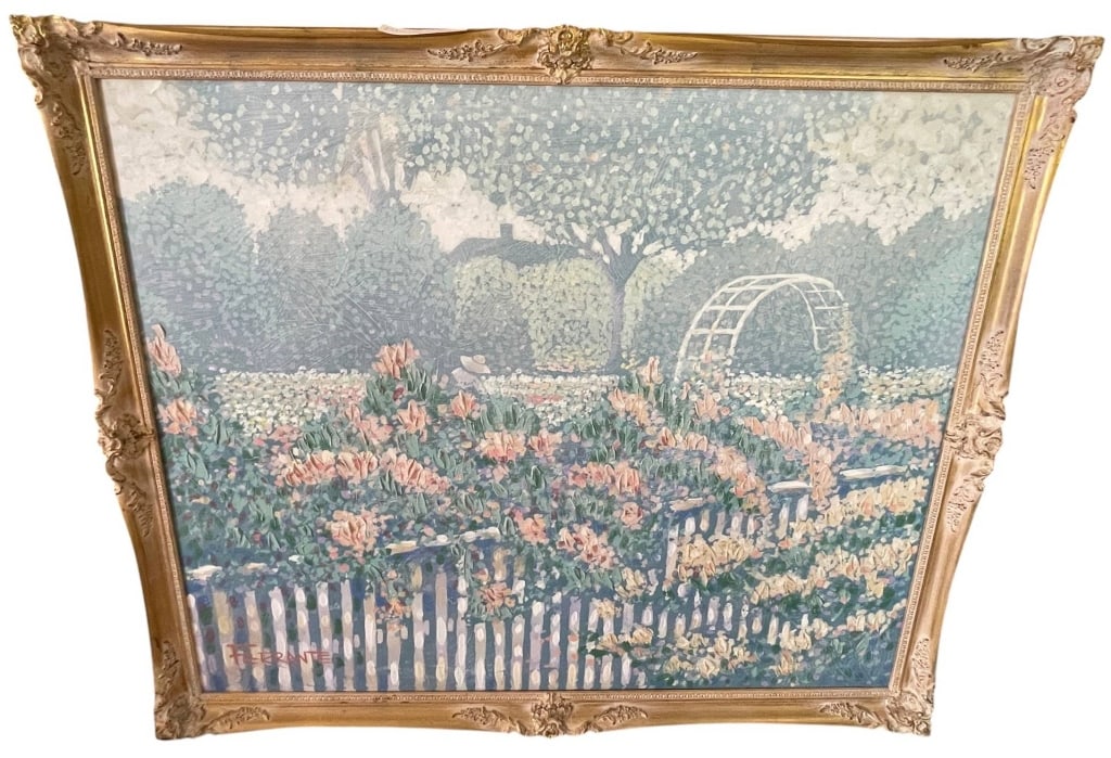 SIGNED FERRANTE IMPRESSIONIST GARDEN OIL 48": Signed original oil painting depicting a lush cottage garden in full bloom with flowering beds, a white picket fence, mature shade trees, and a decorative garden arbor in the distance. Executed in a s