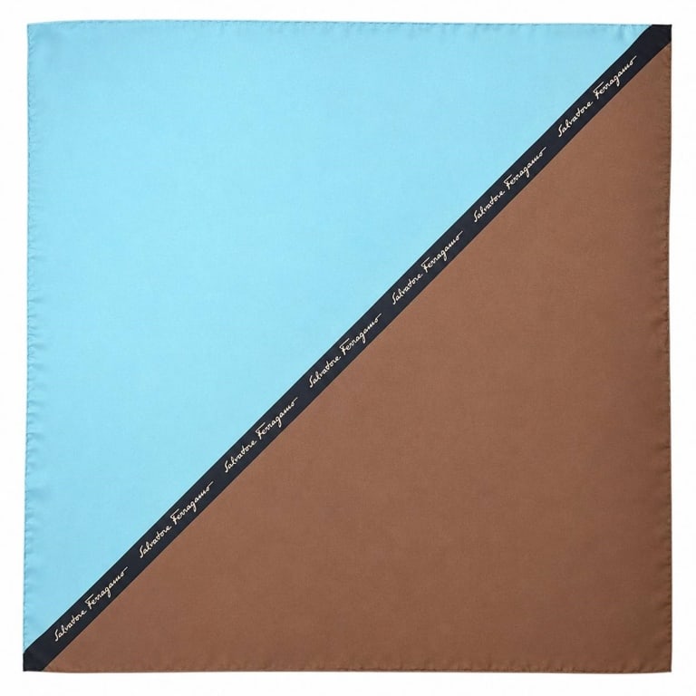 SALVATORE FERRAGAMO SILK SCARF 35": Elevate your wardrobe with this elegant Salvatore Ferragamo silk scarf featuring a sophisticated color-block design in vibrant blue and rich chocolate brown, divided by a signature black diagonal band