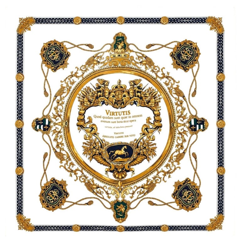 HERMES INSPIRED SILK SCARF 35": This elegant Jones New York vintage silk scarf features a sophisticated cream background adorned with an intricate navy blue and gold equestrian-inspired design. The ornate central crest, scrolling ba