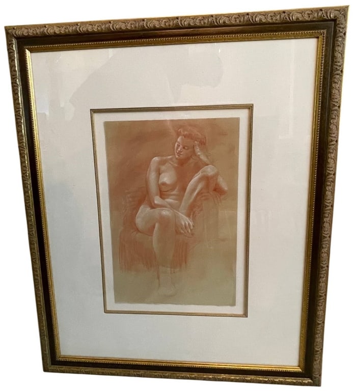 PARRISH SEATED FEMALE NUDE PASTEL 39": This framed pastel artwork depicts a contemplative seated female nude rendered in warm sepia and earth tones. The composition emphasizes classical figure study with soft shading and refined modeling, 