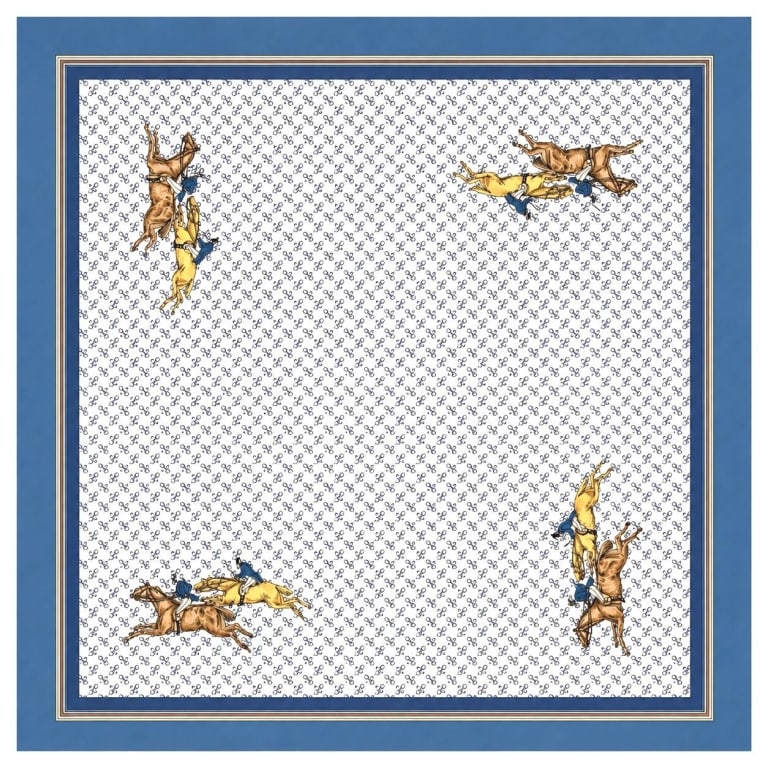 HERMES-INSPIRED EQUESTRIAN SILK SCARF 35": This elegant vintage silk scarf features a refined equestrian-inspired design with mounted riders and galloping horses set against a repeating horse-bit pattern in blue and ivory. Framed by a soft blu