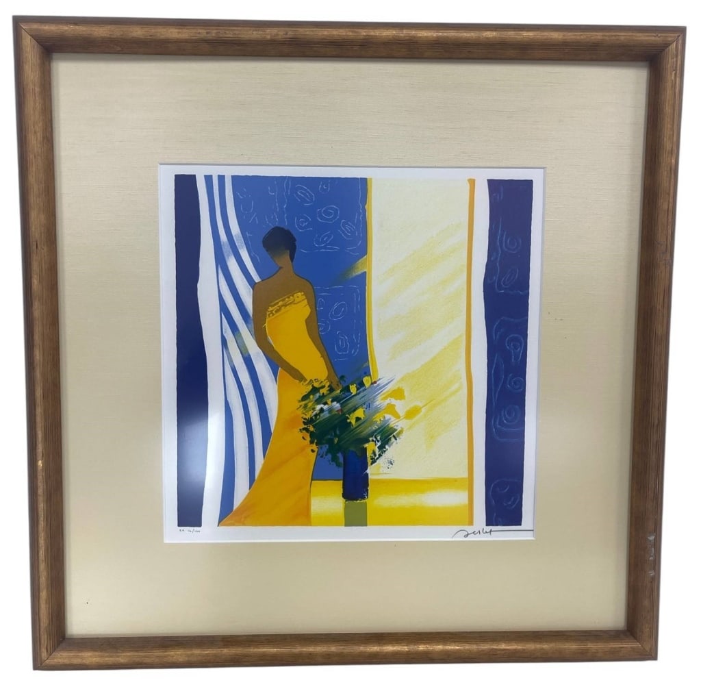 EMILE BELLET PARFUM BLEU LITHOGRAPH 23": Emile Bellet (French, b. 1941) color lithograph titled Parfum Bleu, created in 2003. The composition depicts an elegantly silhouetted woman in a flowing yellow dress against a vivid blue, white, and g