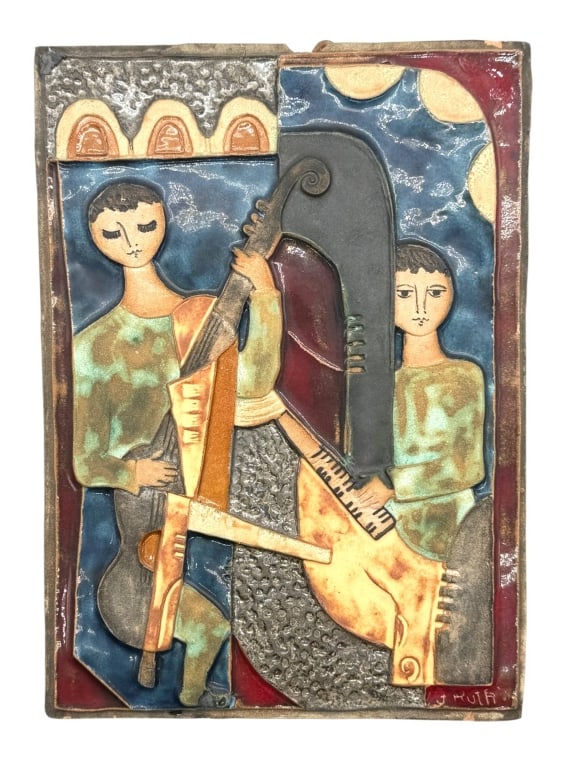 RUTH FAKTOR ISRAELI CERAMIC PLAQUE 12": This handmade glazed ceramic relief plaque by renowned Israeli artist Ruth Faktor depicts two stylized musicians performing with stringed instruments in the artist's distinctive Mid-Century Modern aes