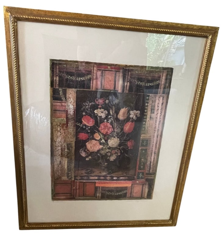 DANIELLE DESPLAN MIXED MEDIA FLORAL 37": This mixed media artwork by Danielle Desplan features a richly layered floral still life displayed against an architectural background with warm earth tones and decorative geometric elements. The comp