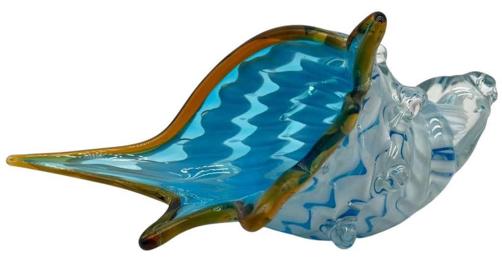 MURANO STYLE ART GLASS CONCH SHELL FIGURE 10": Striking Murano-style hand-blown art glass sculpture in the form of a conch shell, featuring vibrant aqua blue transparent glass accented with amber, olive green, and white cased glass. The dramatic f