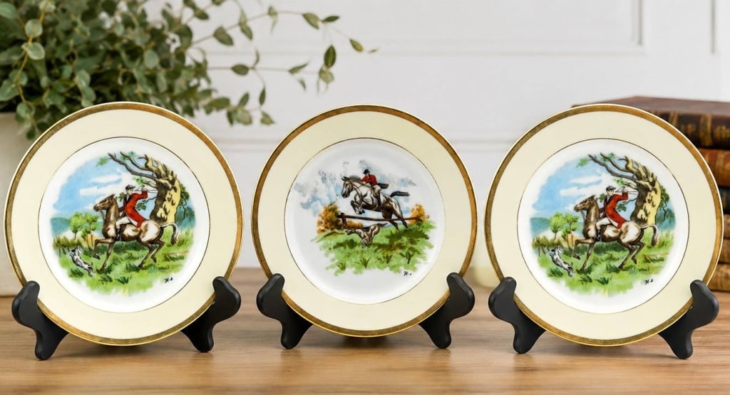LENWILE ARDALT FOX HUNT PLATES LOT OF 3 7": This lot includes three vintage hand-painted Lenwile Ardalt porcelain cabinet plates, all manufactured in Japan and marked pattern No. 6508. The collection features classic English fox hunting scenes 