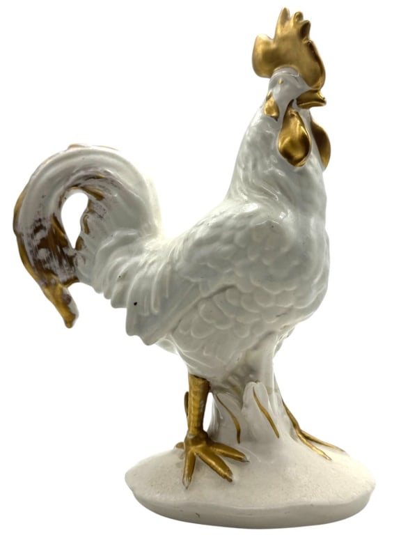 FLANSBURY POTTERY WHITE & GILT ROOSTER FIGURE 10": This decorative porcelain rooster figurine by Flansbury Pottery features finely molded feather detailing with hand-applied matte gold accents on the comb, wattles, beak, legs, tail, and decorative hig