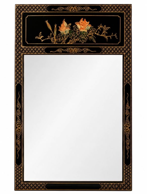 ASIAN LACQUER DECORATIVE MIRROR 46": This decorative Asian-inspired wall mirror features a high-gloss black lacquer frame accented with intricate gilt floral and geometric motifs. The crest panel is beautifully decorated with hand-painte