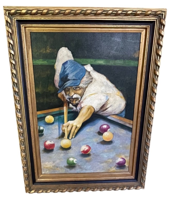 FRAMED ORIGINAL OIL POOL HUSTLER PAINTING 45": This original oil painting depicts a characterful billiards player leaning over a pool table preparing a shot, rendered in a realistic style with expressive brushwork and dramatic lighting. The compos