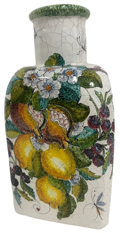 ITALIAN STYLE FRUIT AND FLORAL VASE 15": Decorative ceramic vase featuring a flattened rectangular body, rounded shoulders, tall cylindrical neck, and rolled rim. The crackle-glazed surface is richly decorated with lemons, split pomegranates