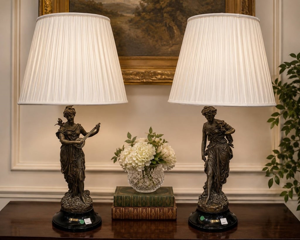 PAIR CLASSICAL SPELTER FIGURAL TABLE LAMPS 36" (1 of 10)