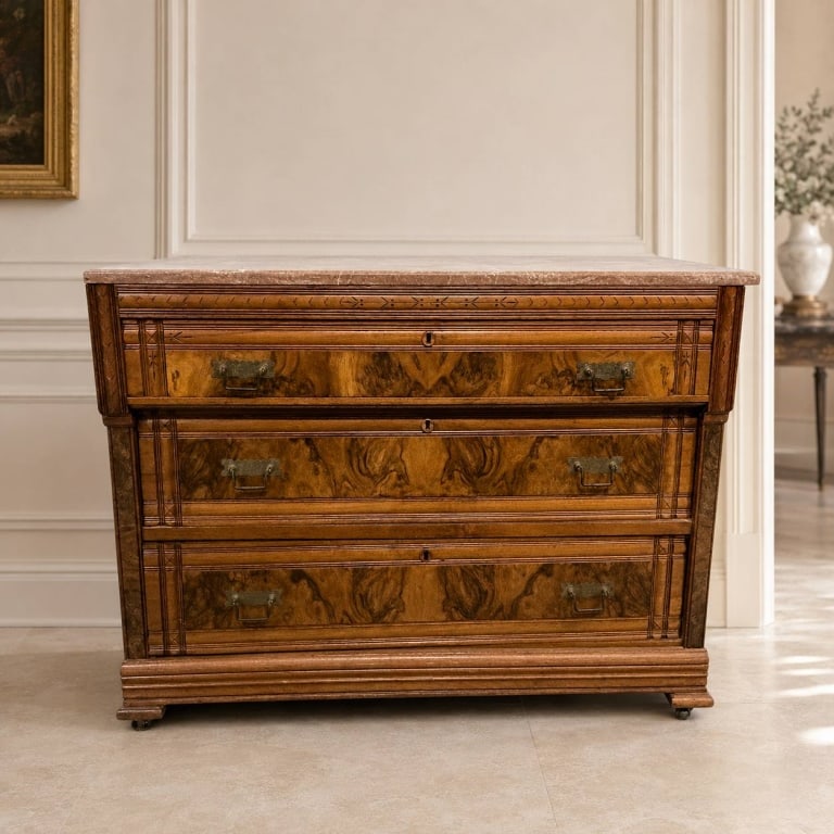 VICTORIAN BURL WOOD MARBLE TOP CHEST 46": Elegant antique Victorian-style chest featuring richly figured burl wood drawer fronts, carved geometric detailing, and a shaped marble top. The chest offers three spacious drawers with dark metal bai