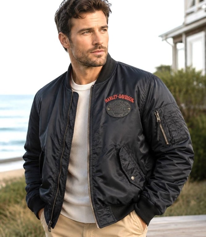 HARLEY-DAVIDSON H.O.G. BOMBER JACKET XXL: This authentic Harley-Davidson H.O.G. (Harley Owners Group) bomber jacket features a classic black nylon shell with quilted red lining, full front zipper closure, rib-knit collar, cuffs, and waistband