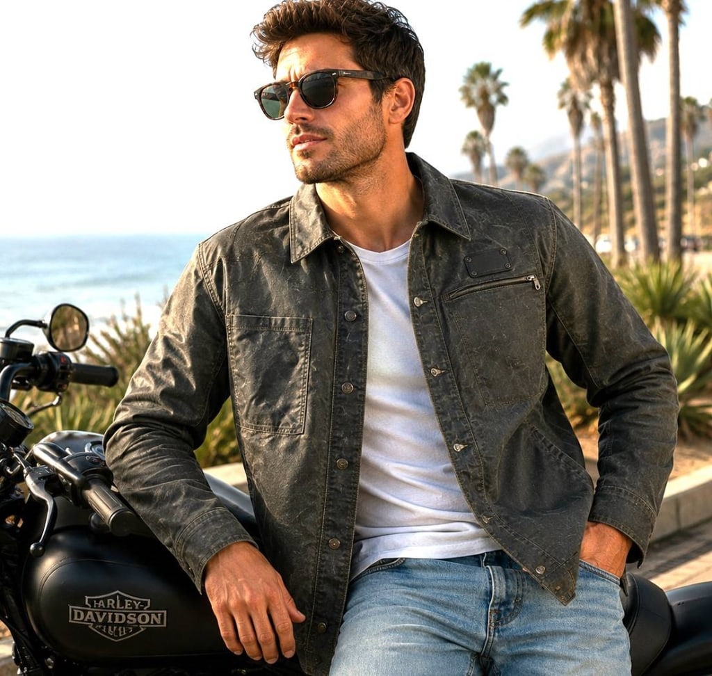 HARLEY-DAVIDSON WAXED RIDING SHIRT JACKET XL: This Harley-Davidson button-front riding shirt jacket offers the rugged look of waxed canvas with practical motorcycle-inspired styling. Constructed from a durable cotton blend with resin treatment, i