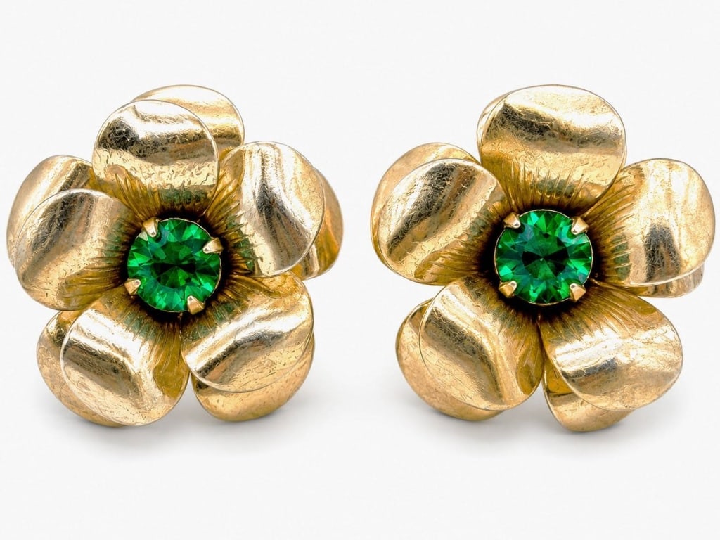 VINTAGE CORO FLORAL SCREWBACK EARRINGS 1": Pair of vintage signed Coro clip-on earrings featuring faceted aqua blue rhinestones accented with clear rhinestones in gold-tone metal. Designed in an abstract mid-century modern motif with layered o