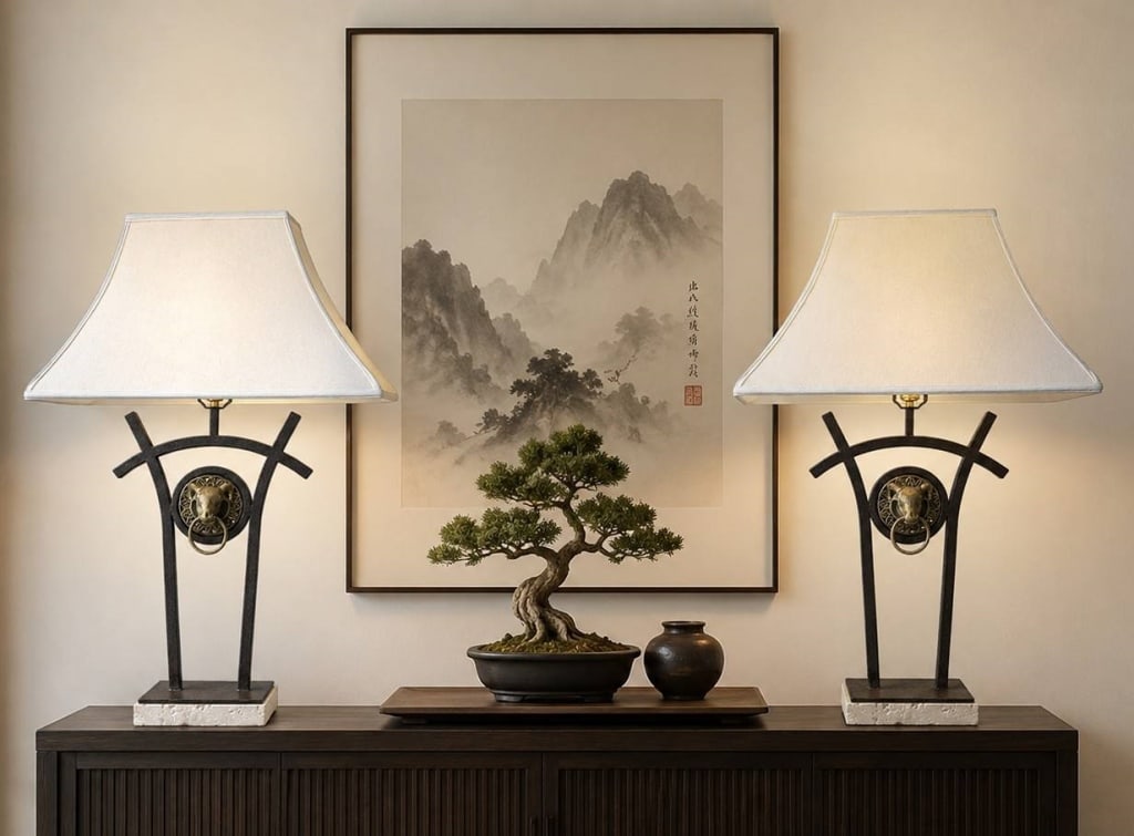 CUSTOM RAM'S HEAD TABLE LAMPS SET OF 2 34": This matched pair of custom-crafted table lamps features a striking Neo-Classical inspired design with heavy wrought iron construction, textured metal finish, and sculptural ram's head door knocker