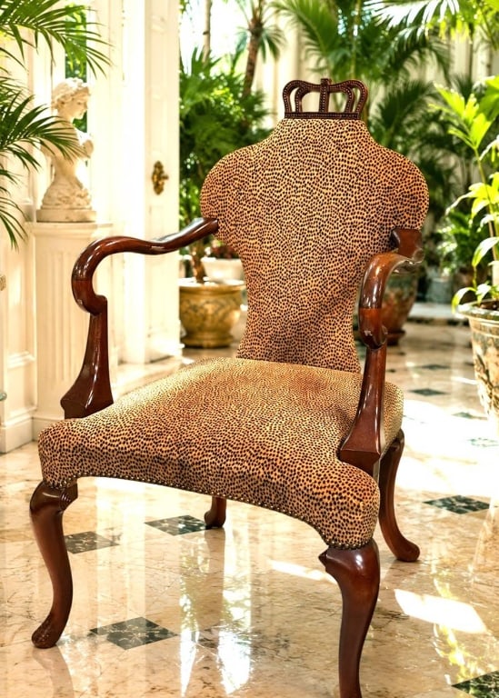 BAKER QUEEN ANNE LEOPARD ARM CHAIR 37": A Baker Furniture Stately Homes Collection Queen Anne armchair, model BA5139, inspired by an 18th-century chair from Wollaton Hall in England. Crafted with a richly finished hardwood frame, the chair