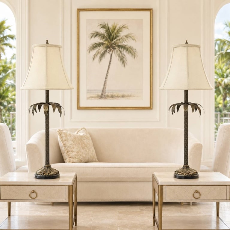 PAIR BRONZE TONE PALM TREE TABLE LAMPS 31": Pair of tropical table lamps featuring slender palm tree form standards with embossed trunks and dimensional metal fronds. Each lamp is raised on a round foliate base with a dark bronze tone finish ac