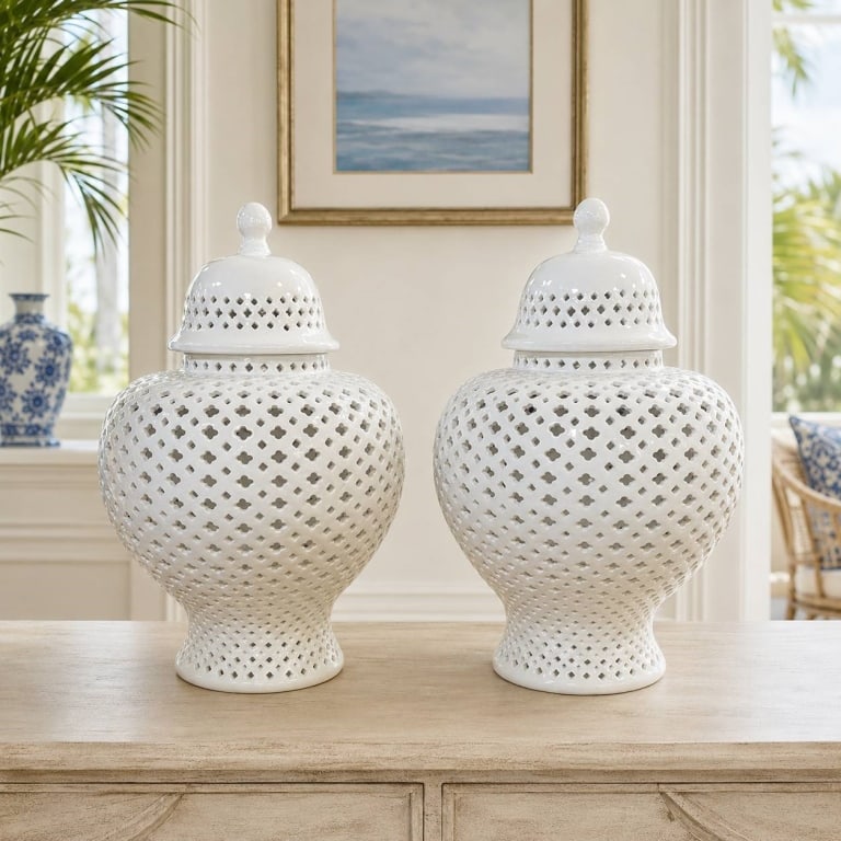 PAIR WHITE PIERCED CERAMIC GINGER JARS 18" (1 of 8)
