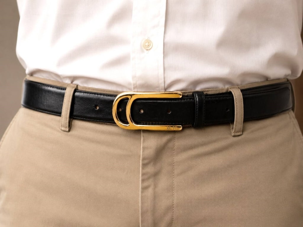 RALPH LAUREN LEATHER BELT GOLD BUCKLE 1": Classic Ralph Lauren black leather belt featuring a polished gold-tone buckle engraved "RL 97," paired with a smooth black leather strap and tan leather lining. The timeless minimalist design makes th