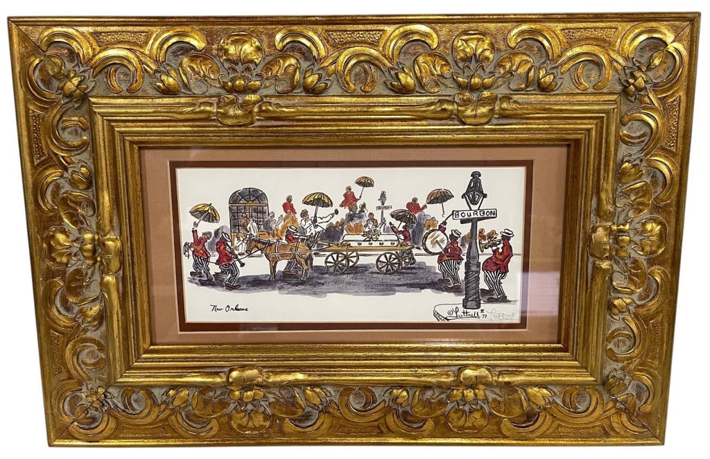 NEW ORLEANS BOURBON STREET PRINT 21": This colorful New Orleans street scene print depicts a lively horse-drawn carriage parade with musicians and revelers at the iconic Bourbon Street intersection. The artwork is signed and dated "1977" 
