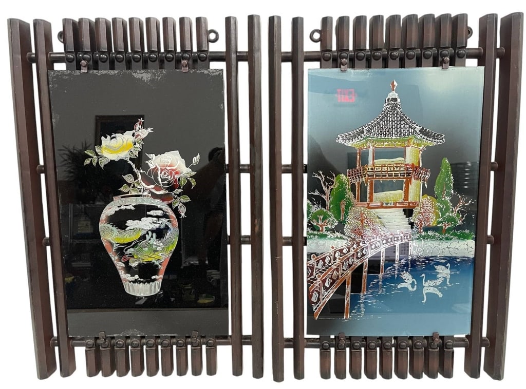 PAIR OF ORIENTAL PAINTED GLASS PANELS 23" (1 of 5)