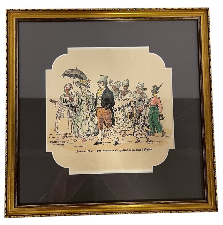 P.J. BENOIT HANDCOLORED PRINT 12": A framed hand-colored print after the work of P.J. Benoit depicting "Upper Class People on Their Way to Church" ("Des personnes de qualit? se rendant ? l'?glise") from the artist's 1859 Voyage ? Surin