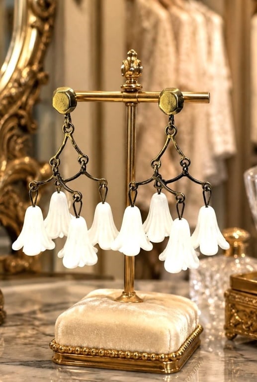 VINTAGE WHITE FLOWER DANGLE EARRINGS 2": Charming pair of vintage gold-tone screwback dangle earrings featuring cascading white lily-of-the-valley style blossoms suspended from polished gold-tone tops. Each earring is designed with four mold