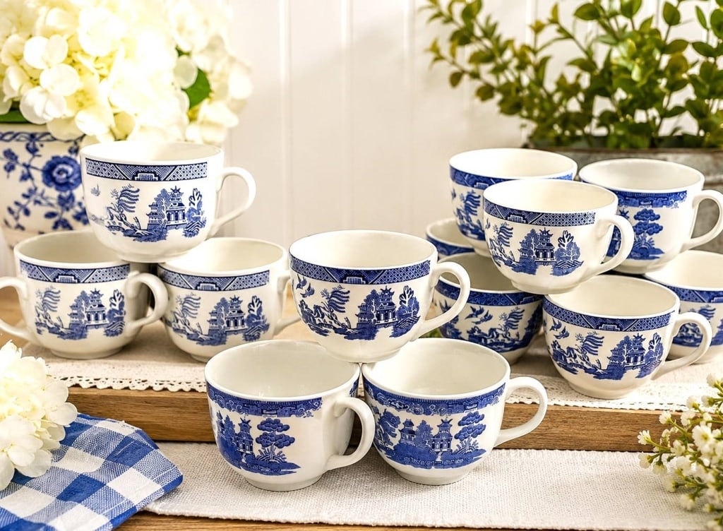 BLUE WILLOW STYLE SET OF 16 ENGLISH TEACUPS 4": A collection of 16 blue and white ceramic teacups divided among three coordinating sets of five, four, and six cups. Each group features a variation of the traditional Blue Willow style with pagodas, 