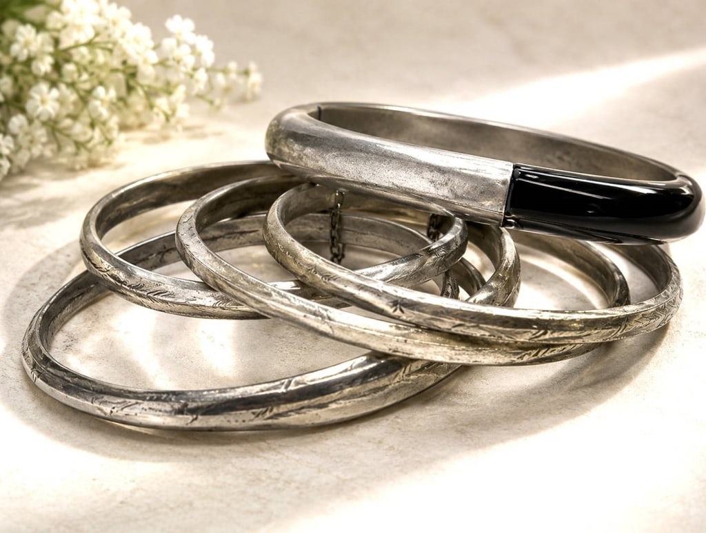 THAI STERLING SILVER BANGLE BRACELET LOT 35G: Collection of five vintage Thai sterling silver bangle bracelets featuring a variety of hand-engraved and textured designs. The lot includes four traditional sterling silver bangles with finely chased