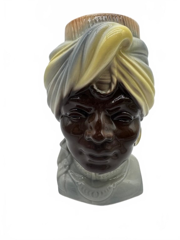 Royal Copley Head Vase with Turban: Ceramic head vase by Royal Copley depicting a person with a yellow and white turban. The vase is glazed and has the maker's mark on the back. Estimated size is approximately 7 inches tall based on