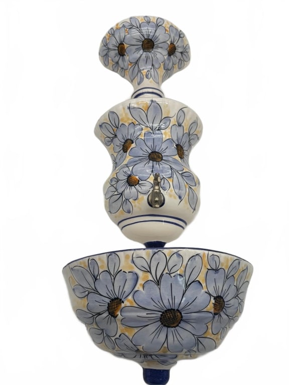 Ceramiche Di Massa Handpainted Wall Fountain: Three-piece ceramic wall fountain featuring handpainted large blue and yellow flowers. Includes spout and basin. Marked "Ceramiche Di Massa" on base. Designed to be wall-mounted, ruler for scale refer