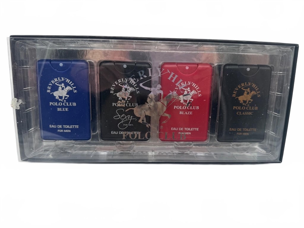 Polo Club Men's Eau de Toilette Gift Set: Beverly Hills Polo Club men's gift set with four Eau de Toilette sprays: Blue, Sexy, Blaze, and Classic. Each bottle contains 0.68 fl oz (20 ml). Packaged in a sealed, branded presentation box.