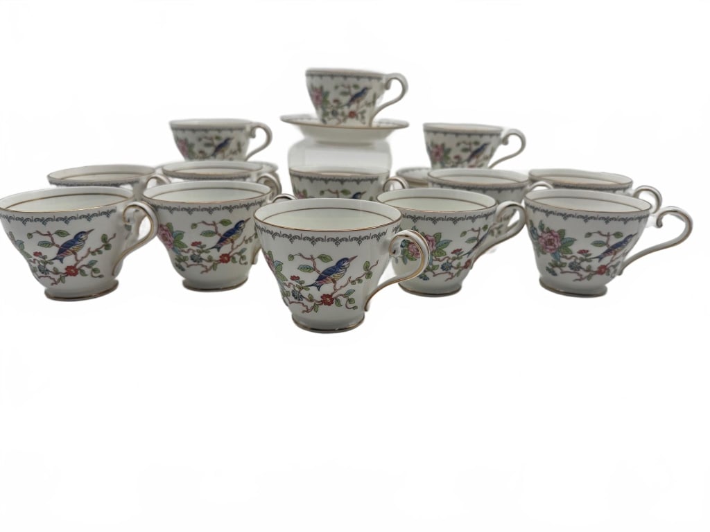 Aynsley Pembroke Bone China Cups Set: Twelve Aynsley Pembroke fine English bone china cups. Each cup features a floral and bird pattern, gold trim, and is marked 'Aynsley Made in England, Pembroke.' This is a reproduction of an 18th-centu