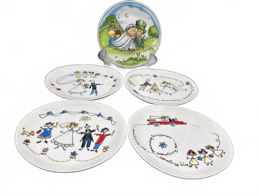 Opificio Etico Italian Ceramic Plates Set: Five Opificio Etico ceramic plates, made in Italy. Features charming illustrations themed around weddings and celebrations. Each plate measures approximately 6.5 inches in diameter.