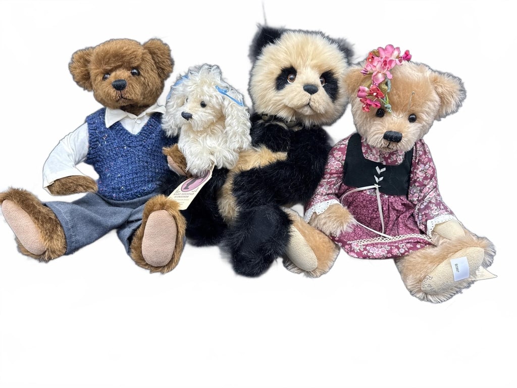 4 Dressed Collectible Plush Bears: Four collectible plush bears, including one panda. Each bear is uniquely dressed in outfits such as sweaters, dresses, or accessories. Includes makers' tags visible on two bears. Suitable for display 