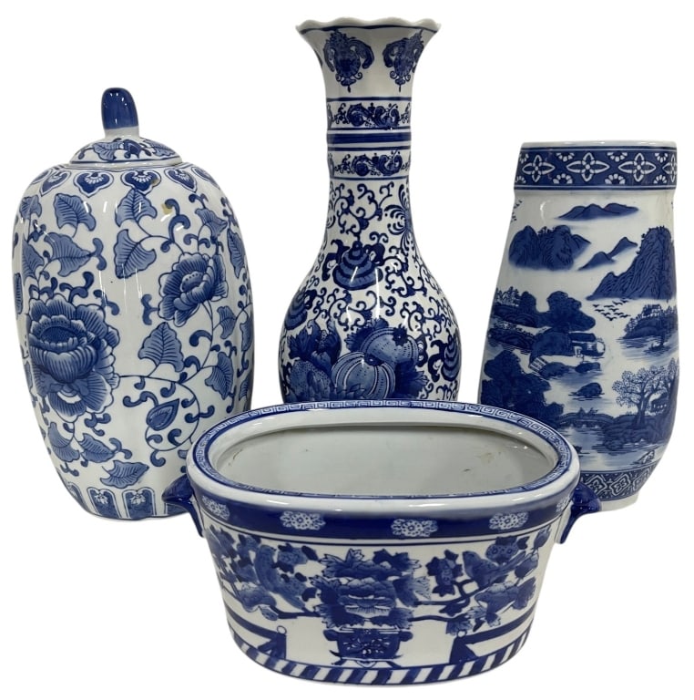 LOT OF 4 BLUE & WHITE CERAMICS 15": Lot of four blue and white ceramic decorative pieces including a covered ginger jar, a slender bottle vase, a landscape-decorated vase, and a rectangular planter with side handles. Each piece features