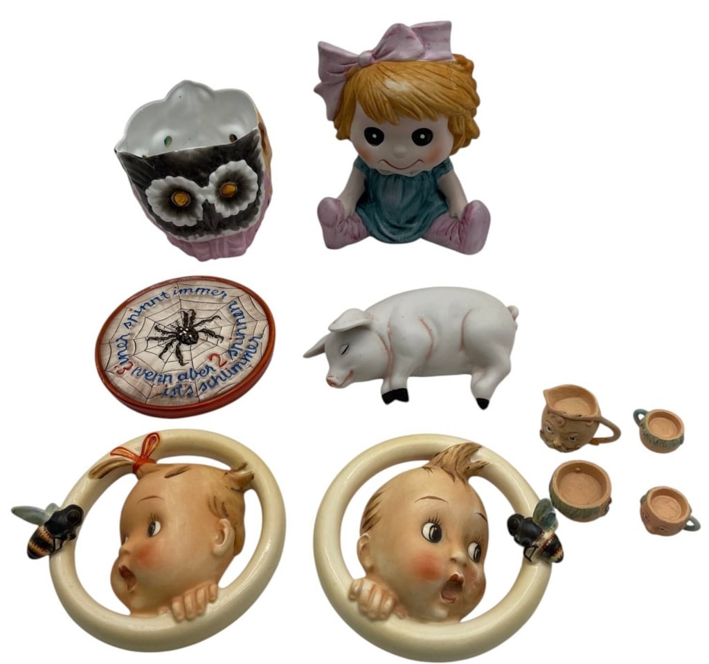 VINTAGE CERAMIC FIGURAL COLLECTIBLES LOT 8 4": Collection of eight vintage figural ceramic collectibles including a pair of wall plaques depicting children with bees, an owl wall pocket planter, a Precious Moments style seated girl figurine, a rec