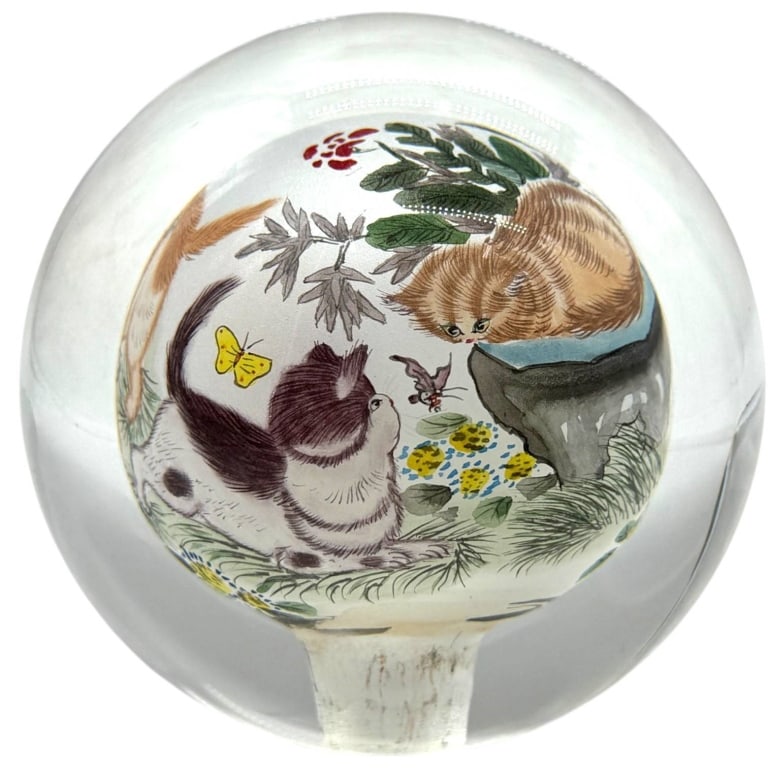 REVERSE PAINTED GLASS KITTY PAPERWEIGHT 4" - 2