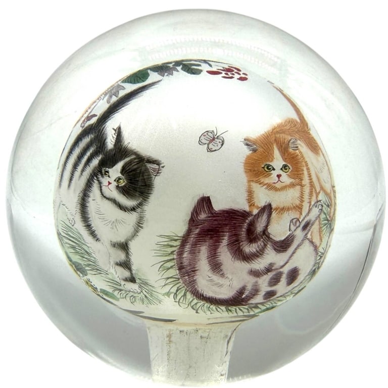 REVERSE PAINTED GLASS KITTY PAPERWEIGHT 4" - 3