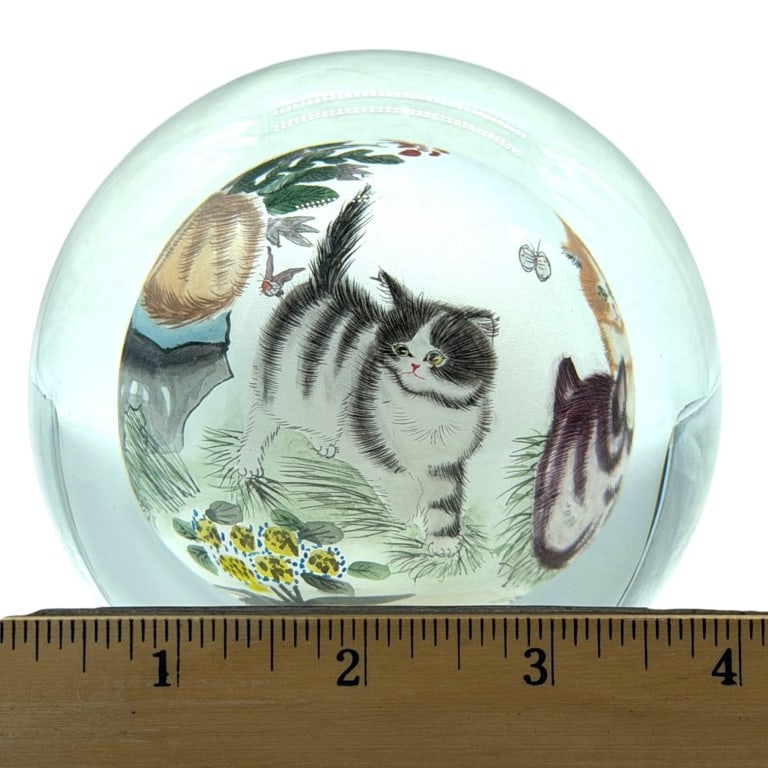 REVERSE PAINTED GLASS KITTY PAPERWEIGHT 4" - 5