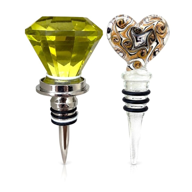 MURANO ART & MANGO MOON BOTTLE STOPPERS 5": Set of two decorative bottle stoppers including one Murano Art Decor Collection hand-blown art glass stopper with a heart-shaped finial featuring white, black, and gold aventurine swirl decoration, an