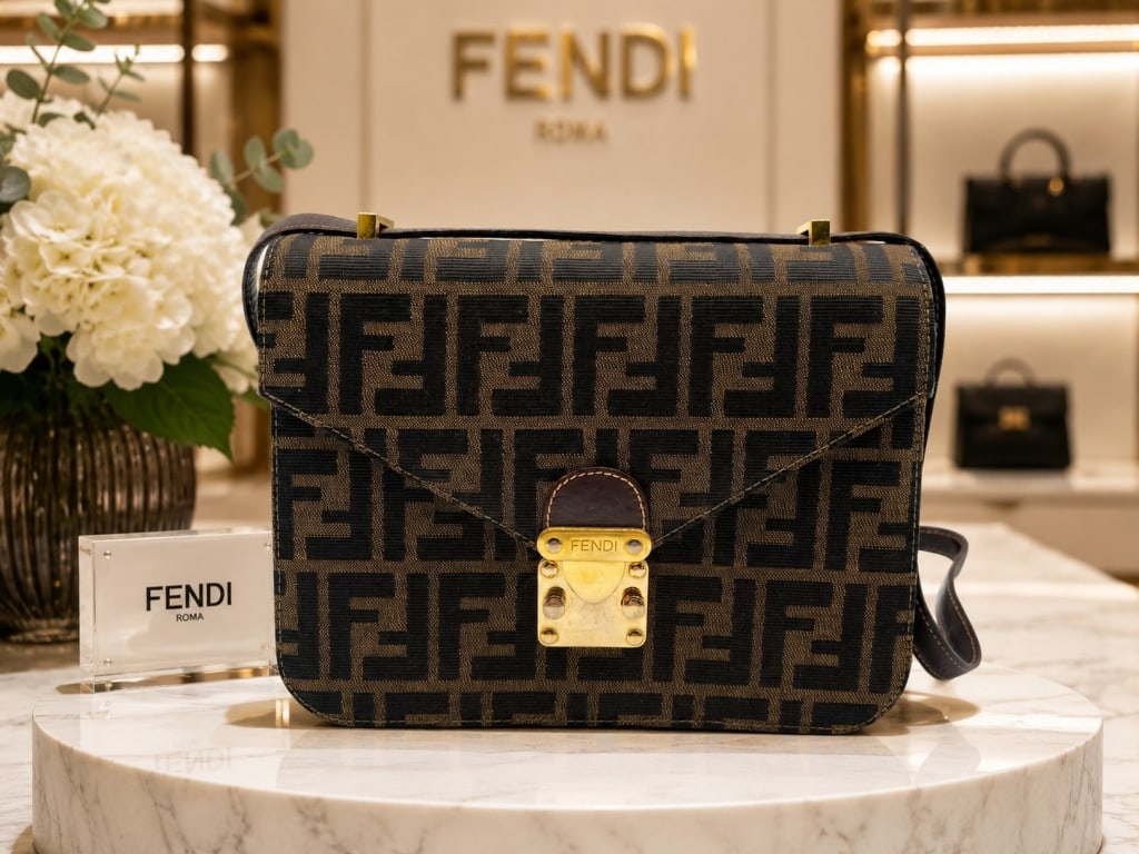 FENDI ZUCCA CANVAS SHOULDER BAG 9": A classic vintage Fendi shoulder bag featuring the iconic brown and black Zucca monogram canvas with leather trim and gold-tone logo lock closure. This timeless design showcases the instantly recogniz