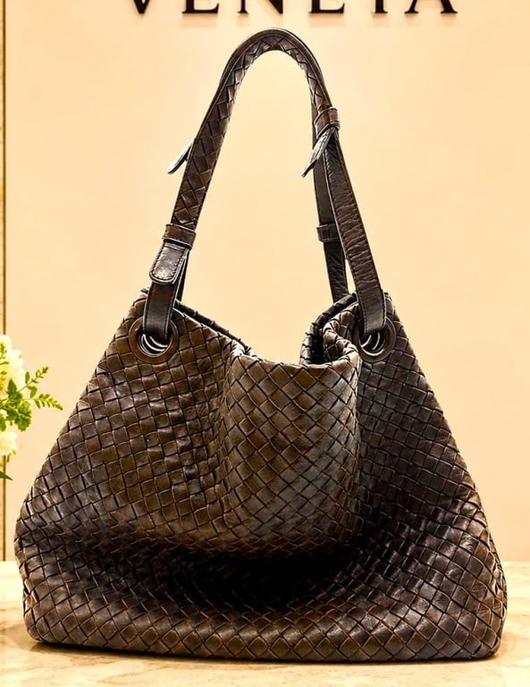 BOTTEGA VENETA INTRECCIATO GARDA TOTE 18": Bottega Veneta Garda tote crafted in the house's signature Intrecciato woven nappa leather in a rich dark brown color. This discontinued design features a relaxed, softly structured silhouette with wi