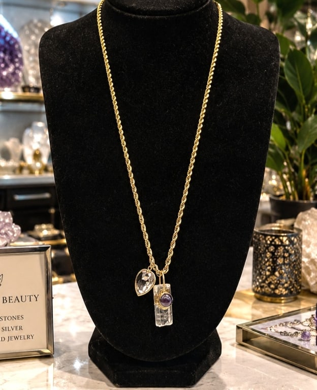 14K GOLD GEMSTONE CHARM NECKLACE 28": This elegant 14K yellow gold necklace features an approximately 18-inch rope chain suspending a trio of gemstone charms in a contemporary freeform design. The pendant includes a faceted crystal heart,