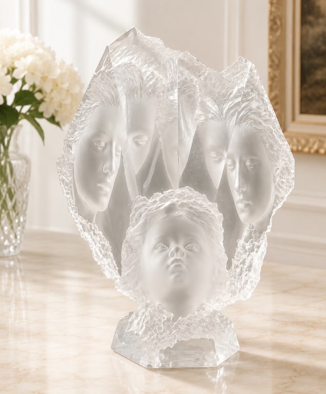 MICHAEL WILKINSON "HAVEN III: COVENANT" SCULPTURE: Michael Wilkinson (American, born 1954) limited edition frosted lucite acrylic sculpture titled "Haven III: Covenant? featuring multiple serene faces emerging from faceted crystalline forms. The sculp